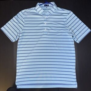 Men's M/L Stitch Polo Shirt Light Blue Blue White Striped Short Sleeve Button